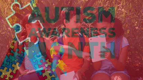 animation of colourful puzzle pieces and autism text over kids friends using electronic devices