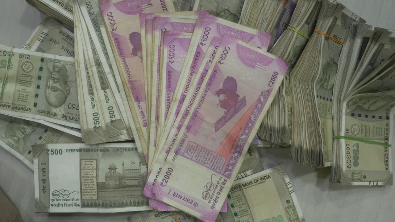 Indian Rupee banknotes of 2000 and 500 value, Stack of Indian Rupee, Closeup