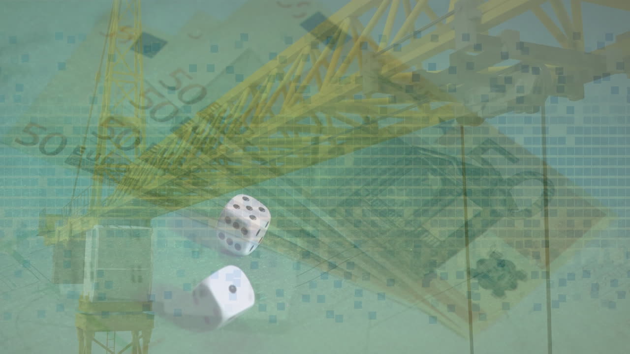 은행권과 주사위에 대한 데이터 처리의 애니메이션