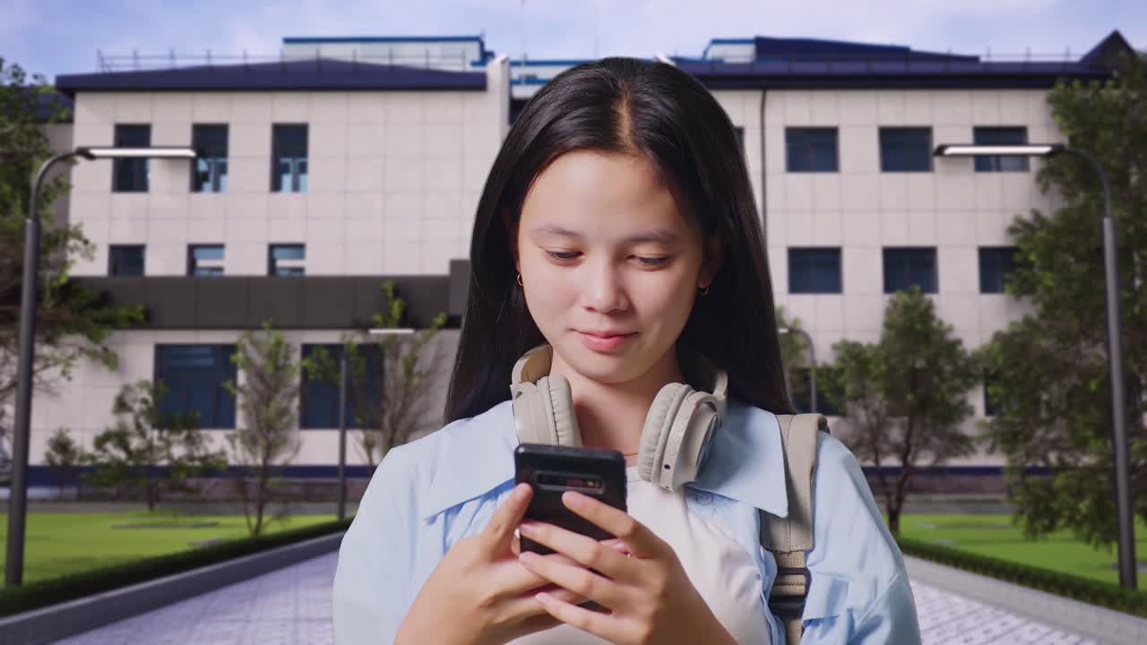 학교 건물 앞에 서서 웃고 스마트폰을 사용하는 배을 들고 있는 아시아 십대 소녀 학생의 근접 사진
