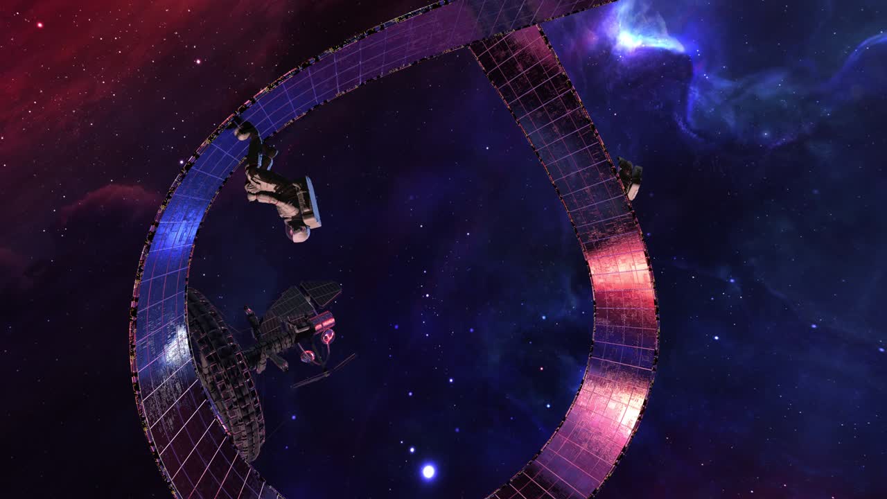trippy ciencia ficción animación 3d de los astronautas corriendo sin fin en una franja de mobius