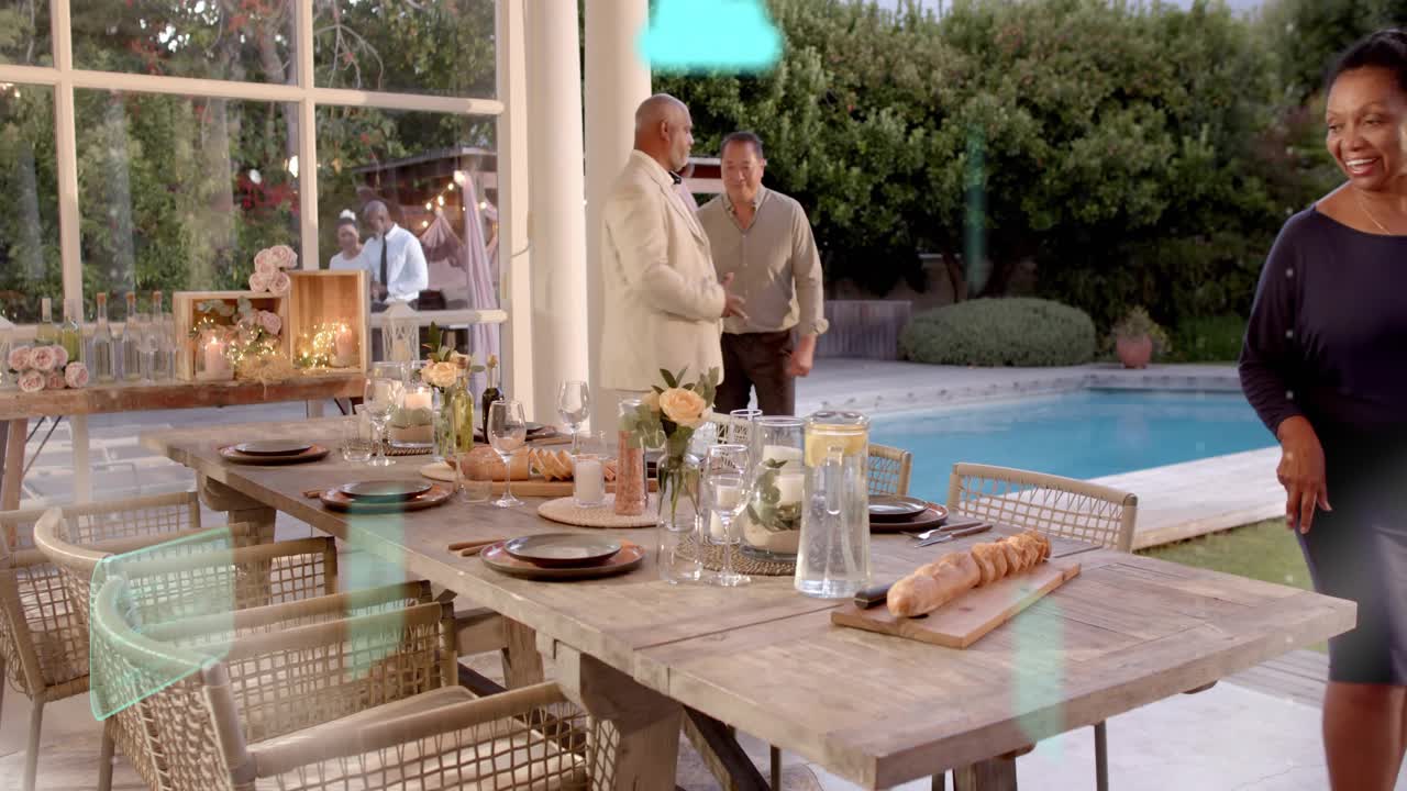 Woman talking on phone causing teal cloud and app icons animating over wooden table, showing tech