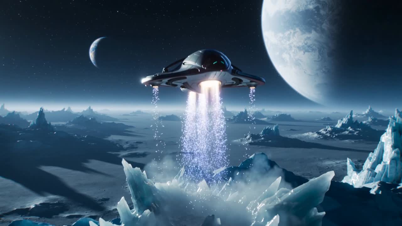Un veicolo a forma di disco, che emette un bagliore sotto lo scafo, spara un raggio viola-bianco in una guglia di ghiaccio, approfondendo il cratere.