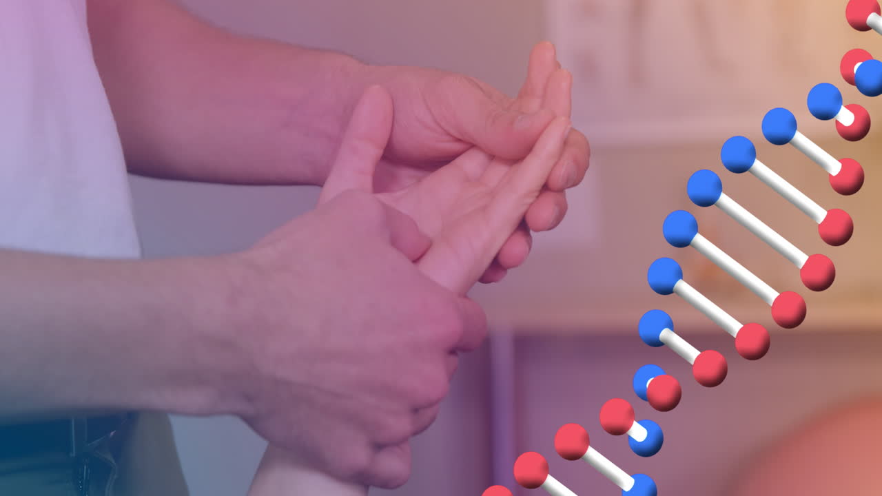 Animation of dna strand over caucasian male massage therapist with female patient