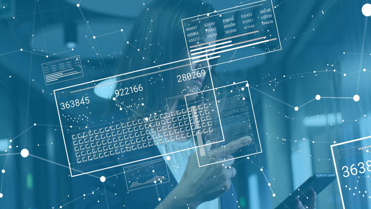 사무실에 있는 백인 사업가 여성에 대한 금융 데이터 처리의 애니메이션