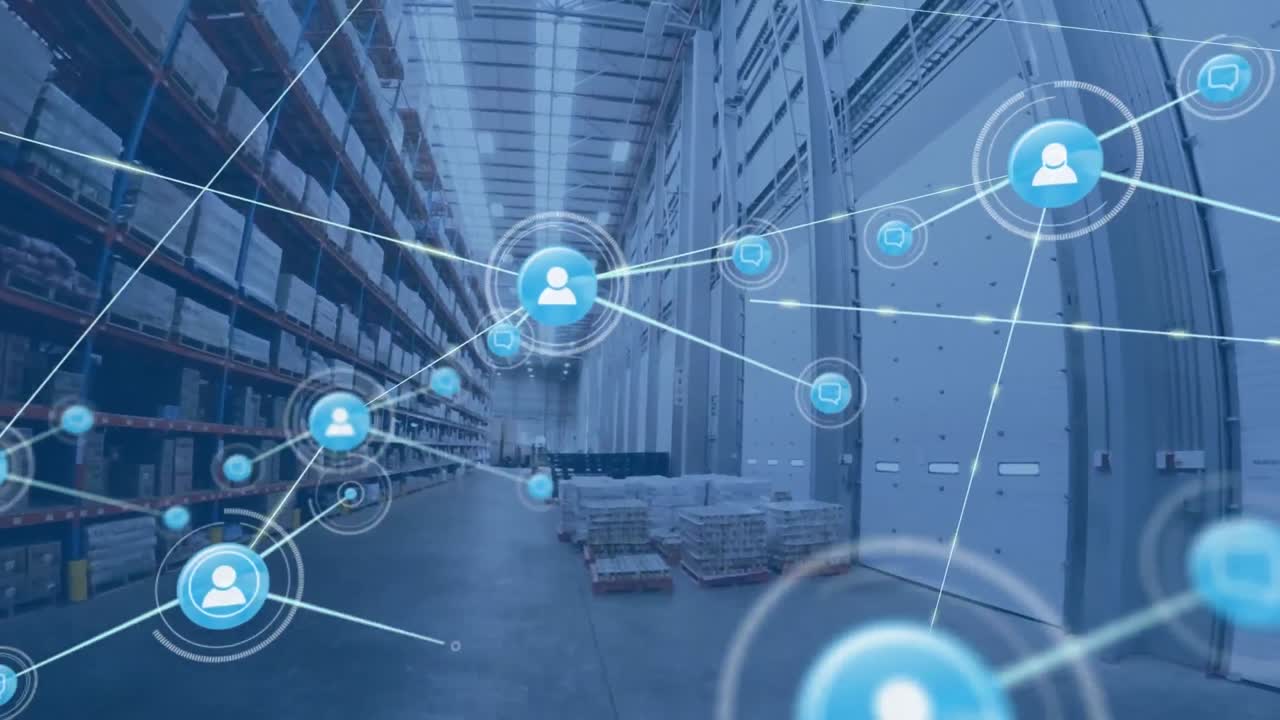 빈 창고 위에 아이콘으로 연결된 네트워크의 애니메이션