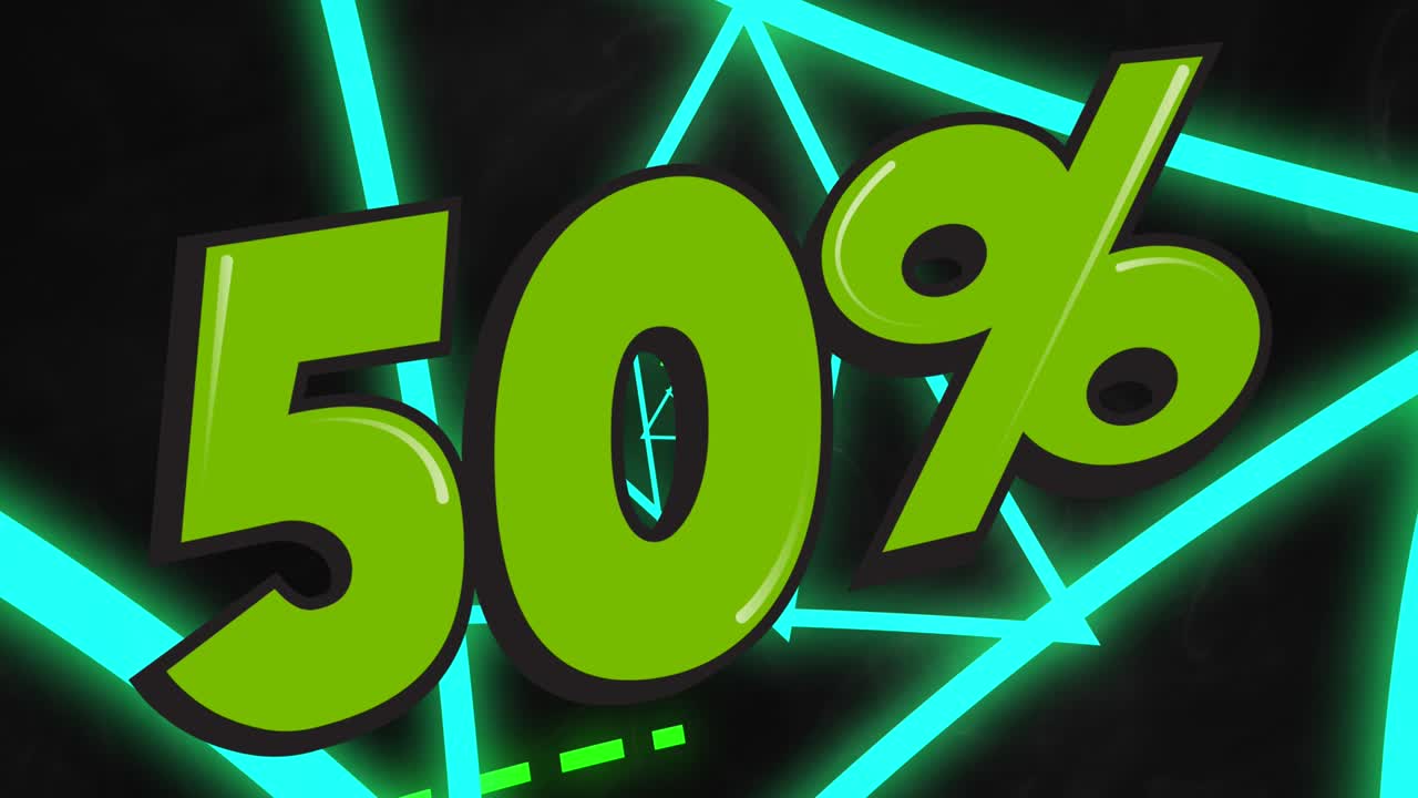 animación de triángulos giratorios y 50 por ciento de texto en fondo negro