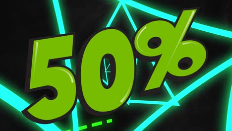 animation von rotierenden dreiecken und 50 prozent text auf schwarzem hintergrund