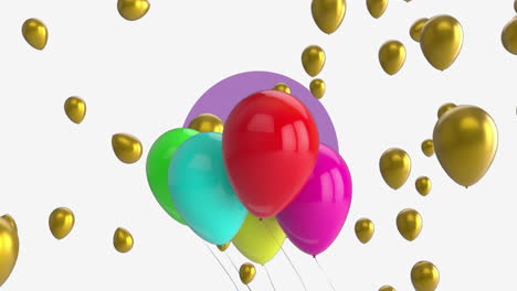 animación de globos multicolores sobre globos dorados en movimiento y círculo púrpura sobre fondo blanco.