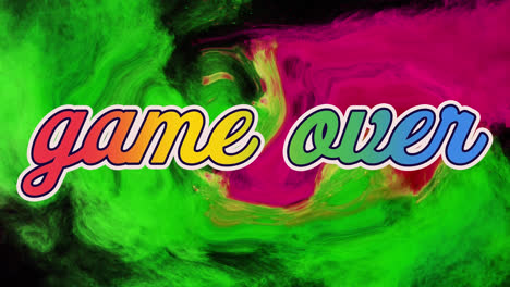 animation of game over text in rainbow colours over red and green liquid waves