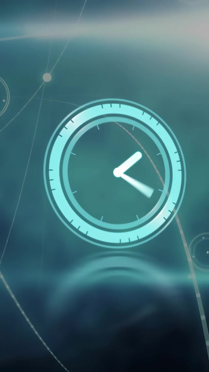 Vertical video: Animated cyan clock ring appearing, hands sweeping, arcs peeling, showing tech HUD