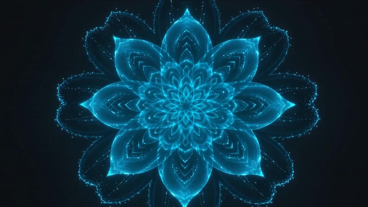 Formando un mandala ciano luminoso in un campo scuro, punti luce che si uniscono a formare petali, rivelando la geometria.