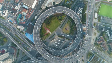 circular elevated nanpu road intersection. shanghai, china. aerial vertical top-down view