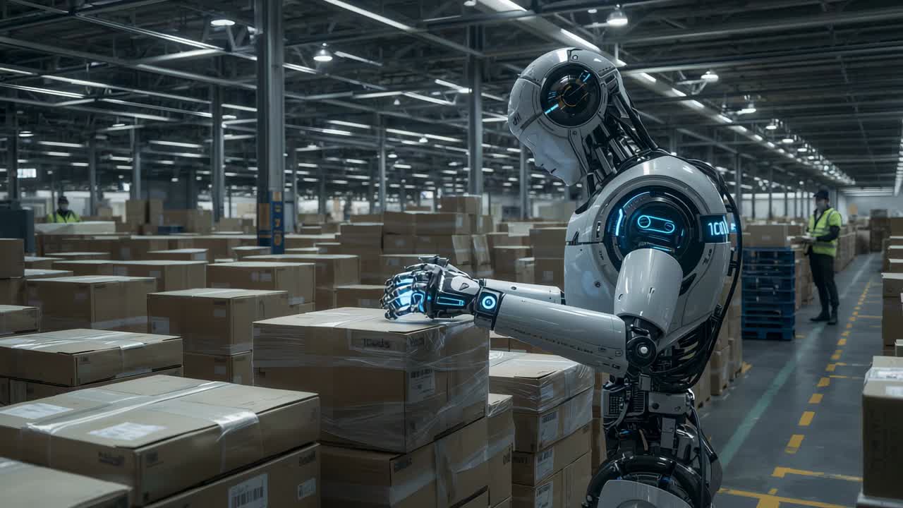 Scanning humanoid robot inspecting boxes in warehouse, human in high-visibility vest, copy space