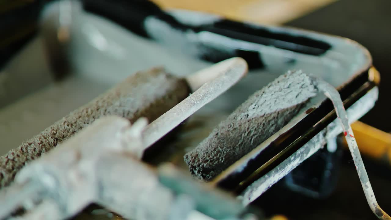 Close-up paint rollers soaked, grey paint, ready for start of interior painting