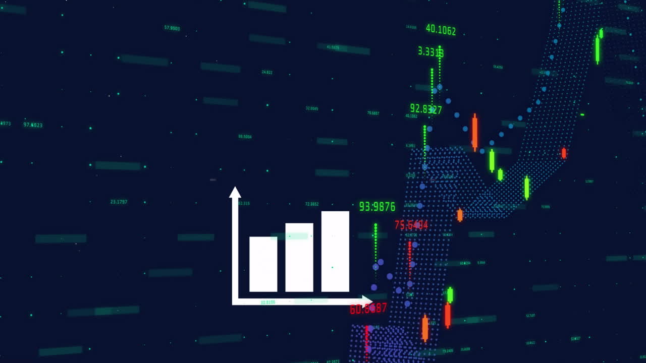 Bar chart and candlestick graph over digital financial data animation