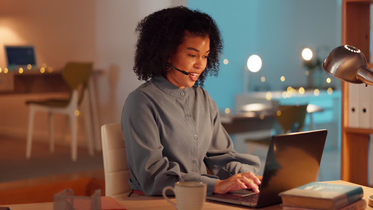 Call center, night and computer of woman