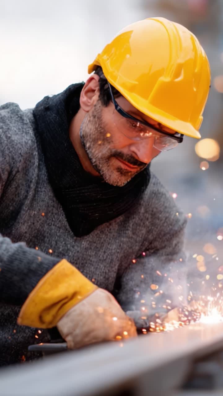Focused Worker in Safety Gear Performing Metal Fabrication with Sparks Flying in an Industrial Environment Highlighting Craftsmanship and Safety in Action