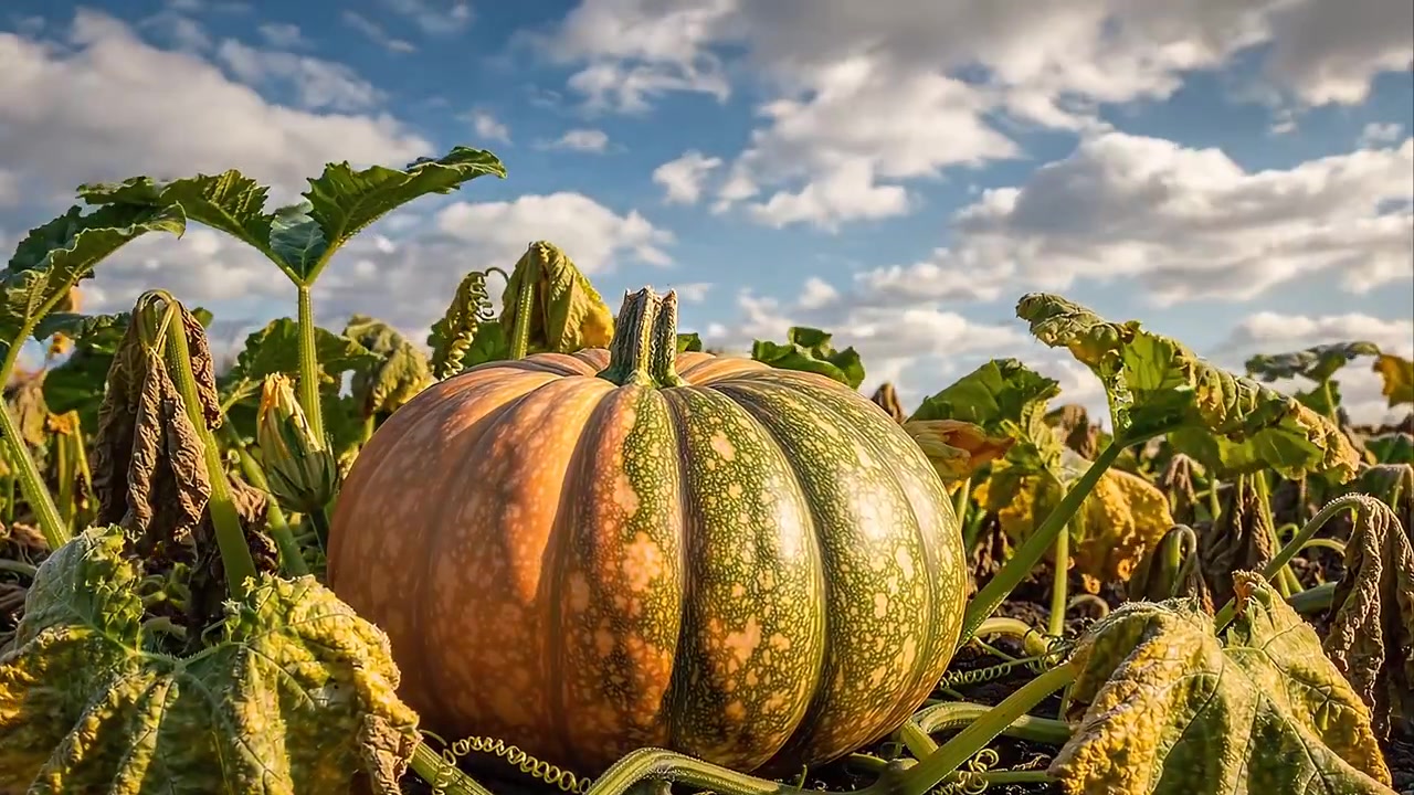 Zucca matura che cresce nel campo da germoglio