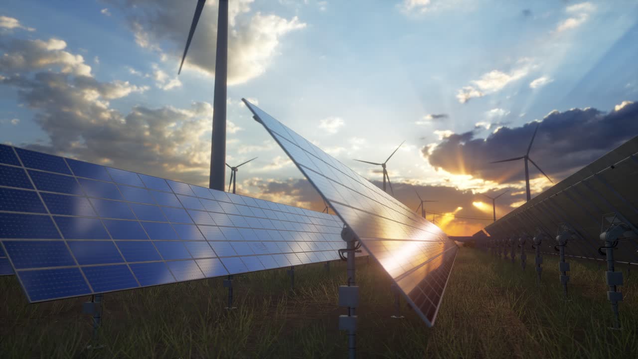 Sunset over a Solar and Wind Farm