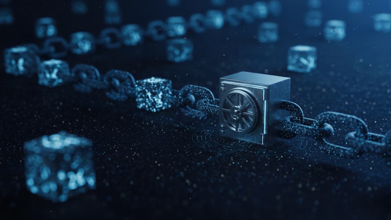 A Glimmering Vault Locked in an Enigmatic Chain, Surrounded by Shimmering Cubes, Represents Security and Protection in a Digital Landscape of Modern Technology