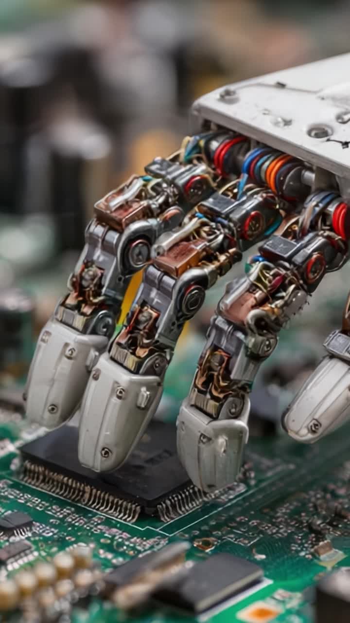 Close-Up View of Advanced Robotic Hand Interacting with a Circuit Board, Showcasing Complex Mechanics, Precision Engineering, and Cutting-Edge Technology in Robotics