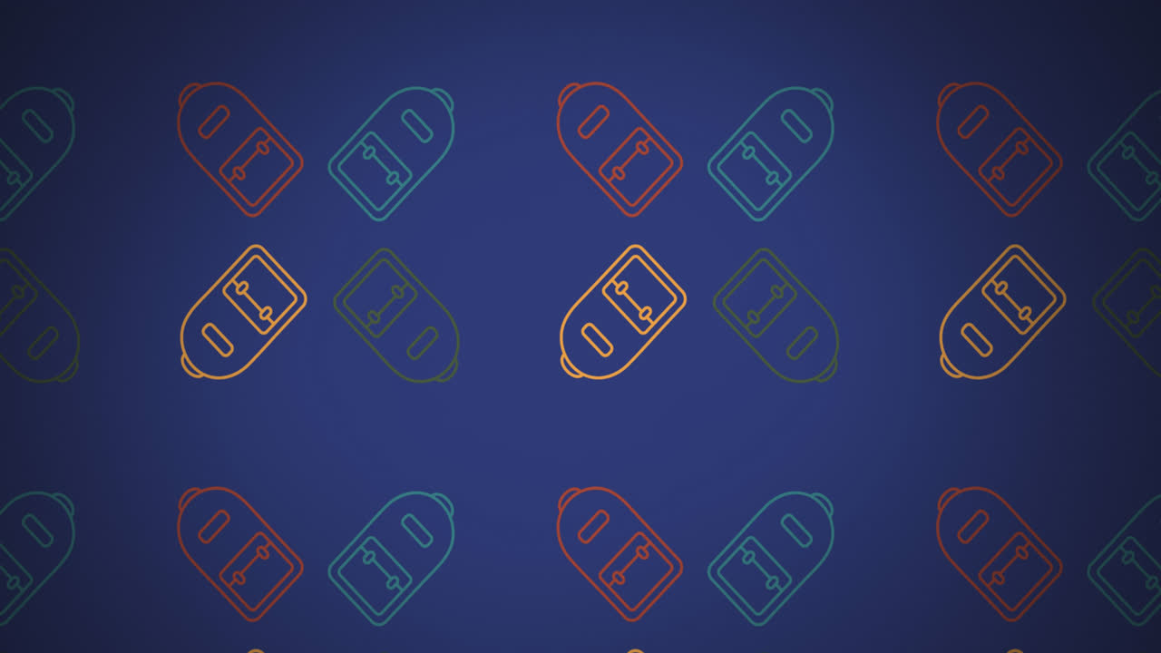 animación de múltiples iconos de bolsas escolares en un patrón sin costuras contra el espacio de copia en fondo azul