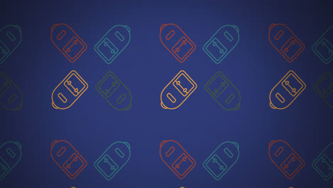 animación de múltiples iconos de bolsas escolares en un patrón sin costuras contra el espacio de copia en fondo azul