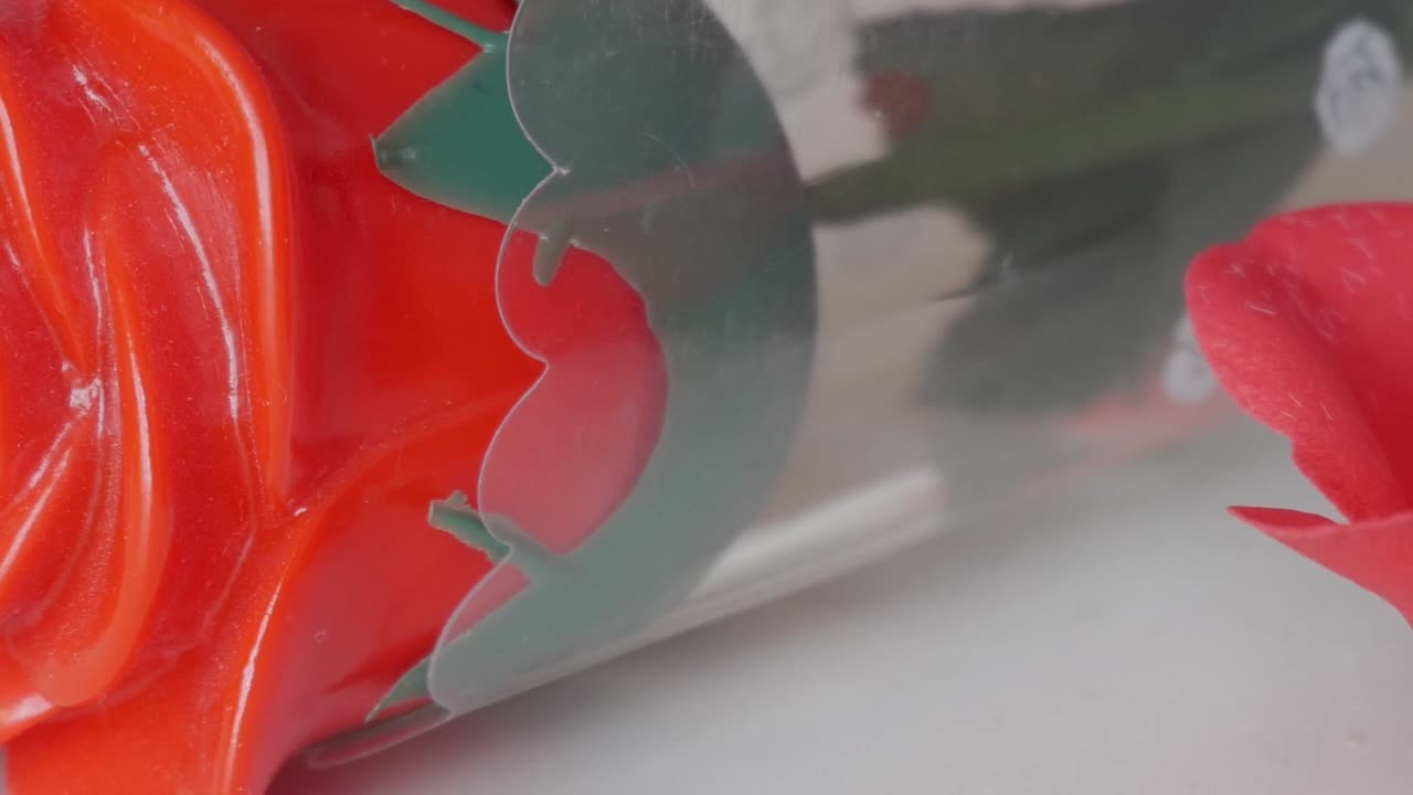Close-up of a decorative rose in a transparent wrapper, perfect for Valentine's Day gifts