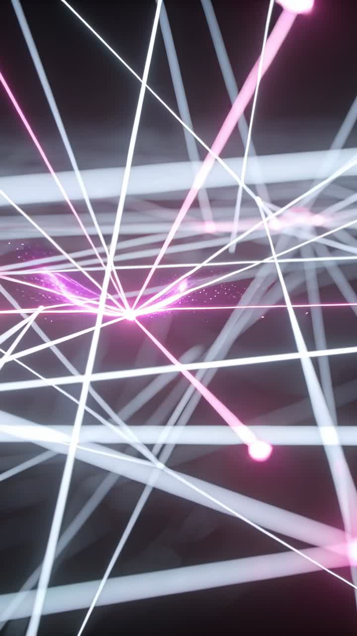 Vertical video: Pulsing beam grid and nodes reacting to magenta streak in dark space, showing data