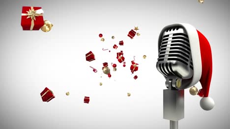 Animation-of-santa-hat-on-vintage-microphone-with-christmas-presents-falling-on-white-background