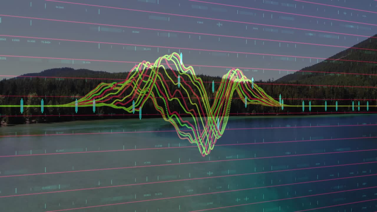 Multicolored waveform emerging above fixed lakeshore growing oscillating showing signal shifts