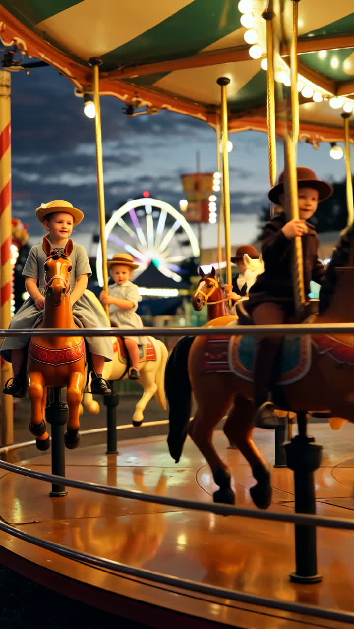 Children Riding a Carousel at an Evening Amusement Park