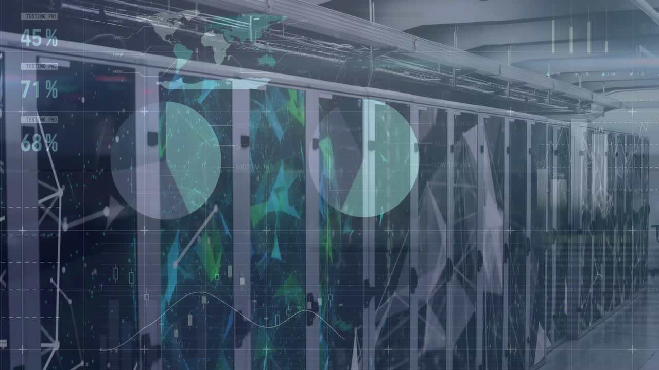 animación del procesamiento de datos estadísticos contra redes plexus a través de la sala de servidores de computadoras.