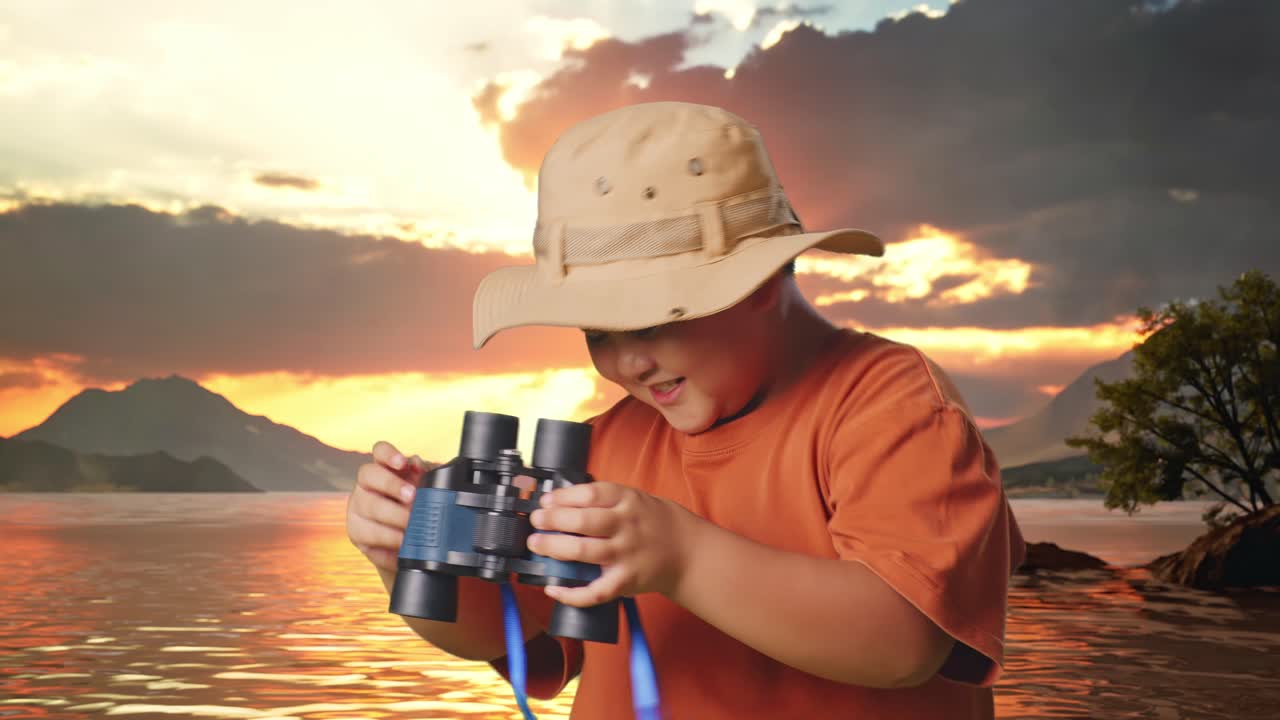Asian Boy With A Hat Dancing After Looking Through The Binoculars. Boy Researcher Examines Something At A Lake, Travel Tourism Adventure Concept, Close Up