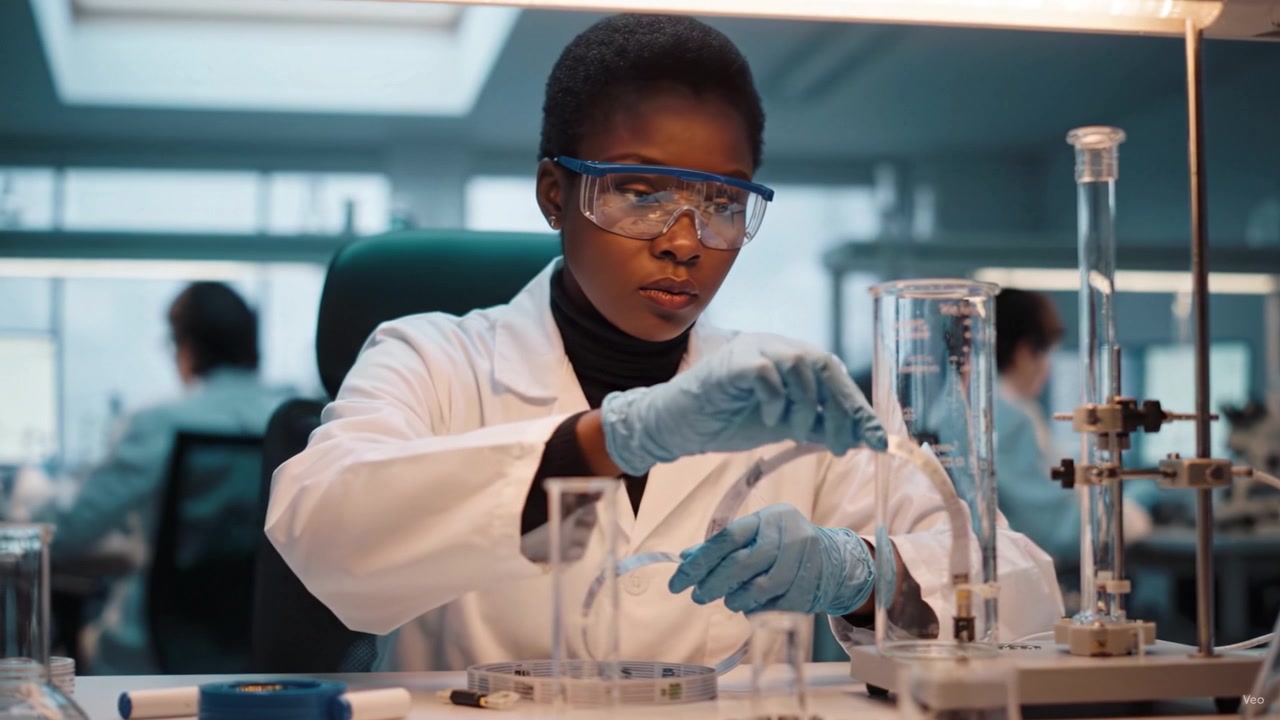 Scientifique concentré en laboratoire, portant un équipement de protection, menant des expériences avec précision dans un environnement de recherche bien équipé