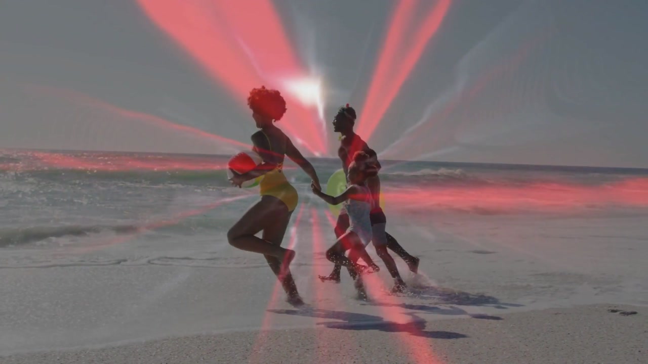 Woman leading group running into surf to play, red radial light pulsing across group for travel