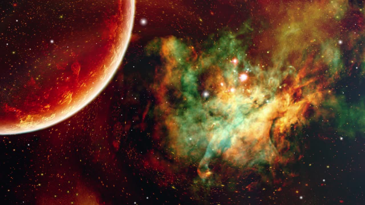 Nebula clouds and red planets radiate bright fibers in the universe