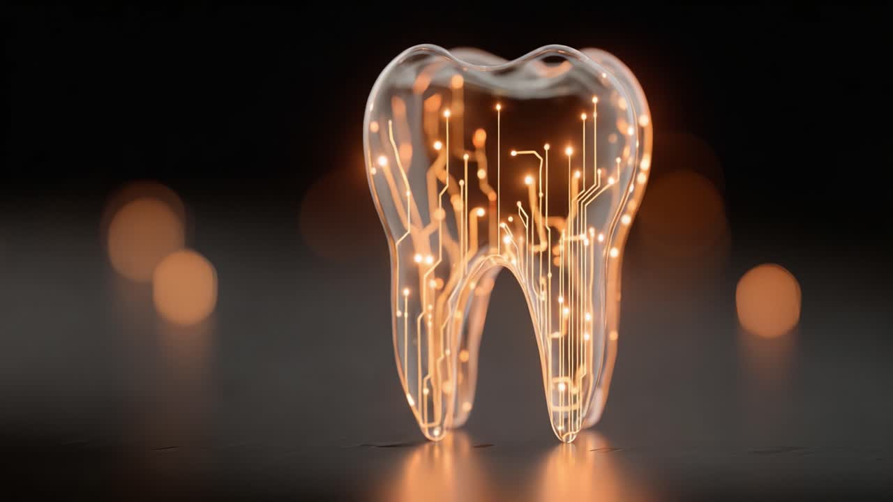 A Stunning Digital Tooth Sculpture Illuminated with Circuitry, Merging Art and Technology to Represent Dental Innovation and Modern Aesthetics