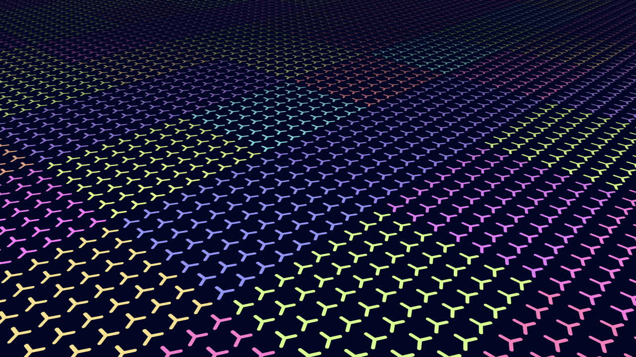 Neon rainbow triangles pattern in rows on black gradient