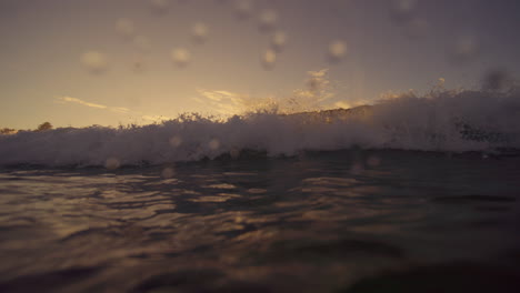 Female-longboard-surfer-rides-ankle-biter-wave-at-sunrise-with-golden-light