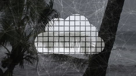 animation of digital network overlay on tropical beach for cloud computing concept