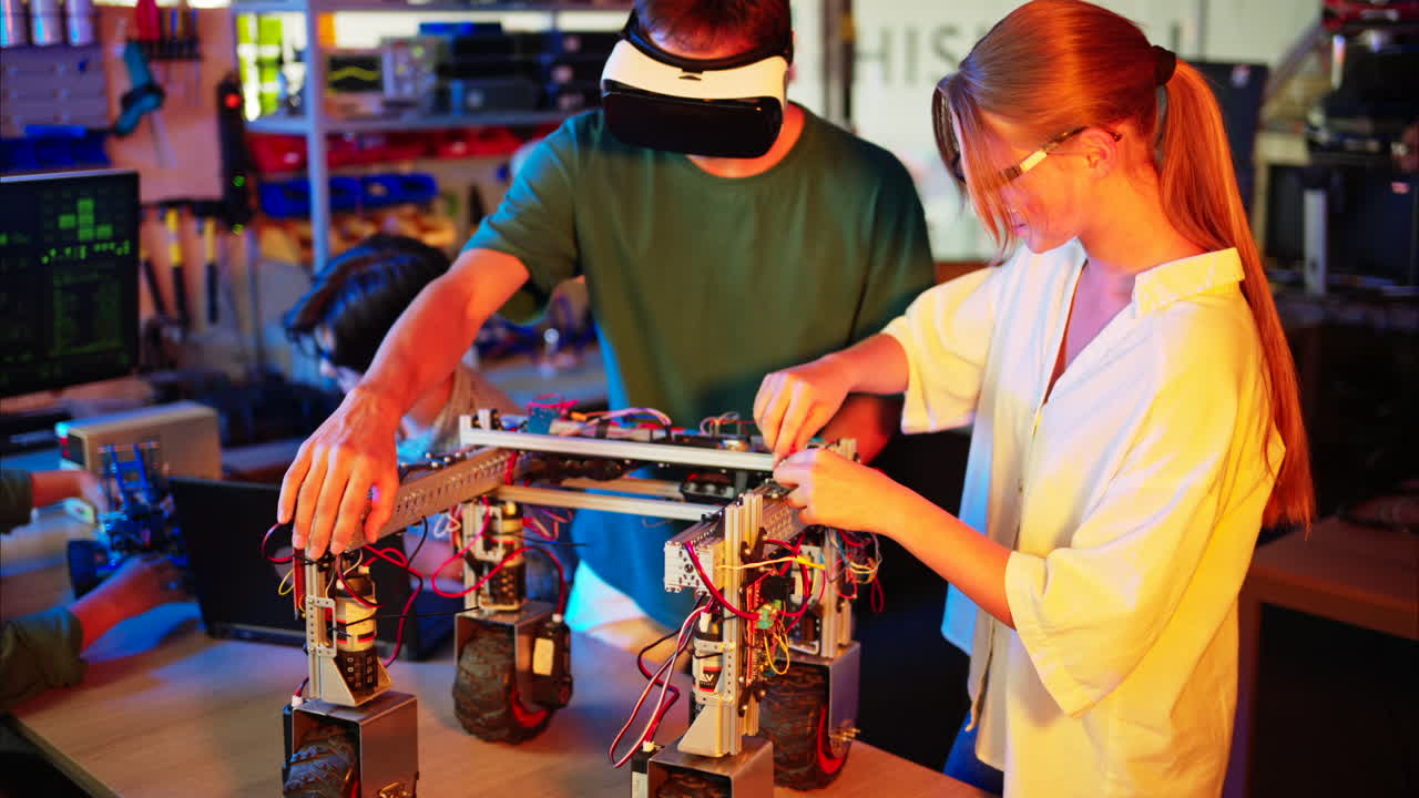 Young engineers with VR virtual reality headset fixing a robotic car in research laboratory, slow motion