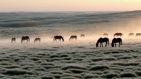 horses grazing in a misty field at sunrise