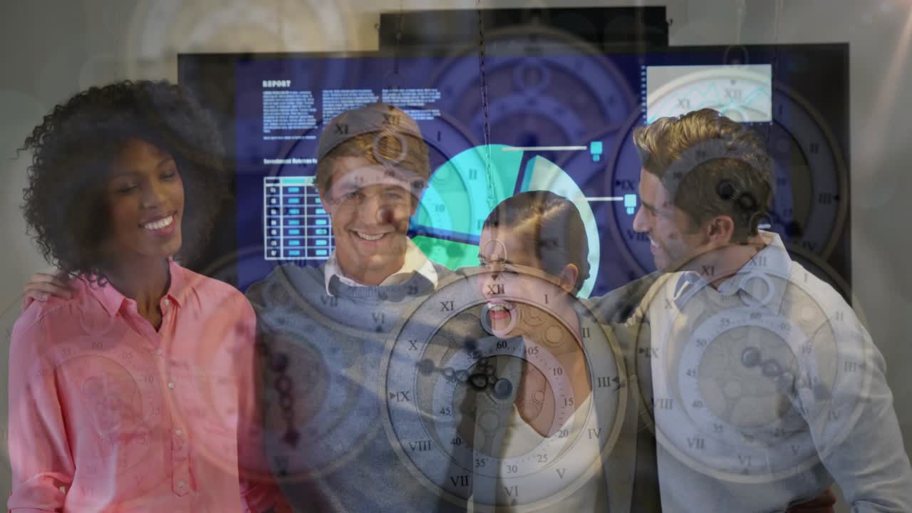 Office team sharing glance sparking joy posing by charts as clock gears overlaying faces and screen