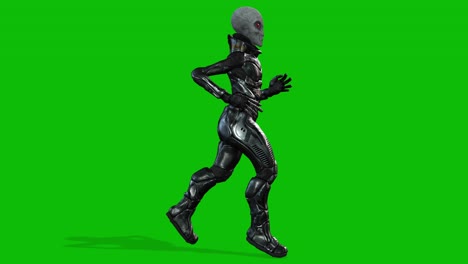 Grey-alien-wearing-a-space-suit-running-on-green-screen,-seamless-loop-3D-animation,-side-view