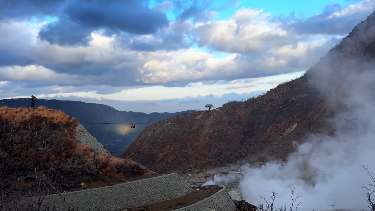 A scenic view of Owakudani, Hakone, with steaming volcanic valleys under a cloudy sky
