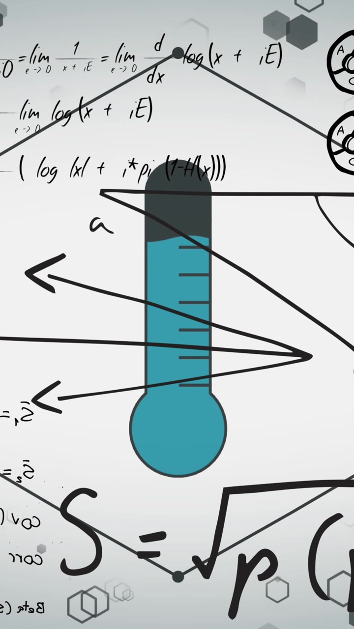 Animation of thermometer and mathematical equations on white background