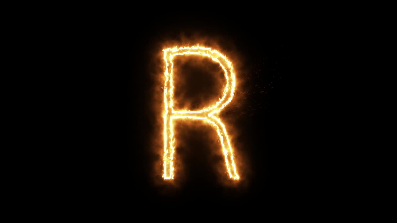 la letra "r" de la llama ardiente. fuente de quema ardiente o texto alfabético de hoguera con efecto de calor ardiente y brillante. renderización 3d.