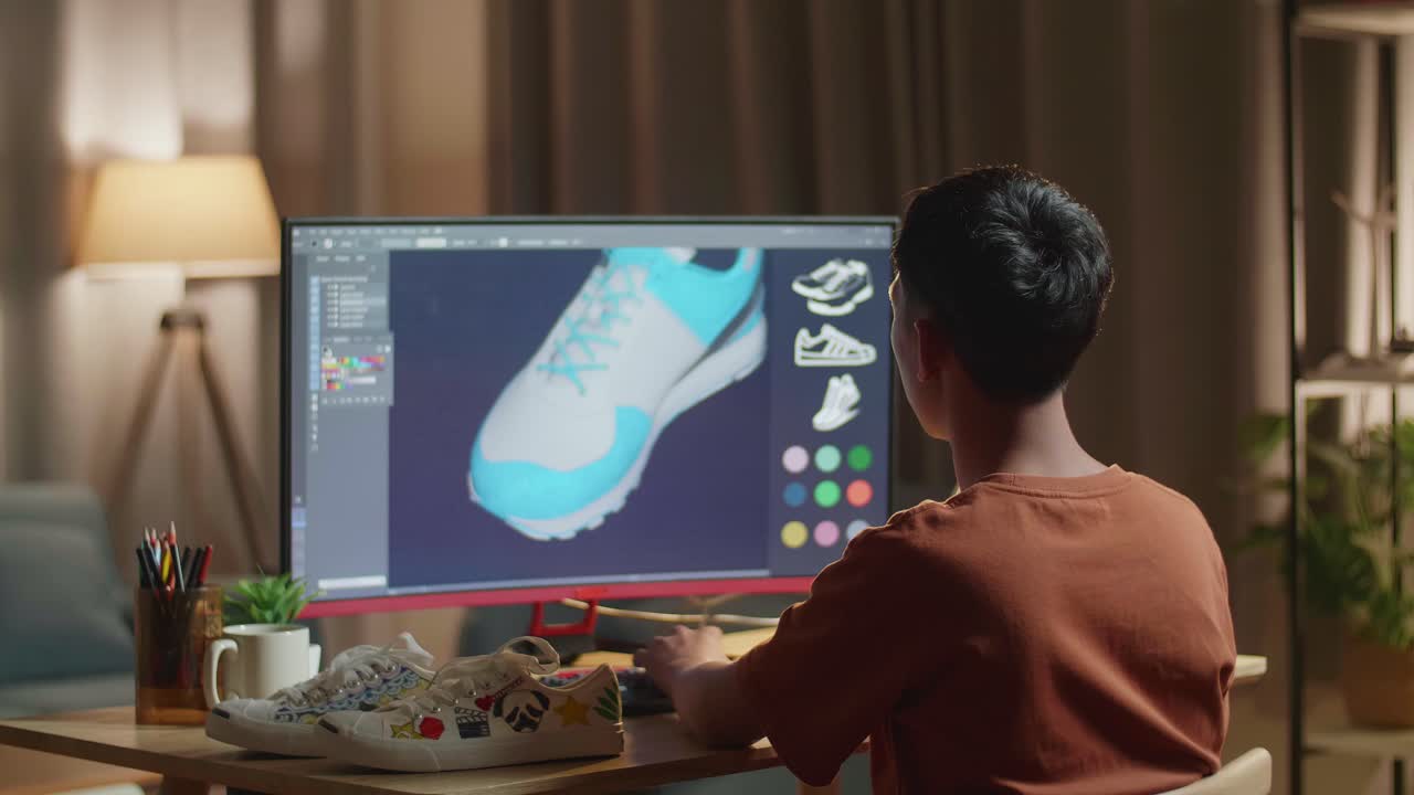 Young person designing shoes on computer